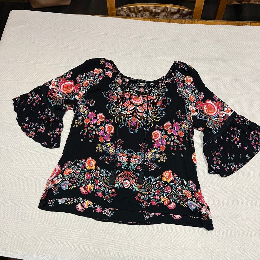 Bila Floral Tassel Top Bell Sleeve Peasant Hippie Boho Black Multicolor 2XL